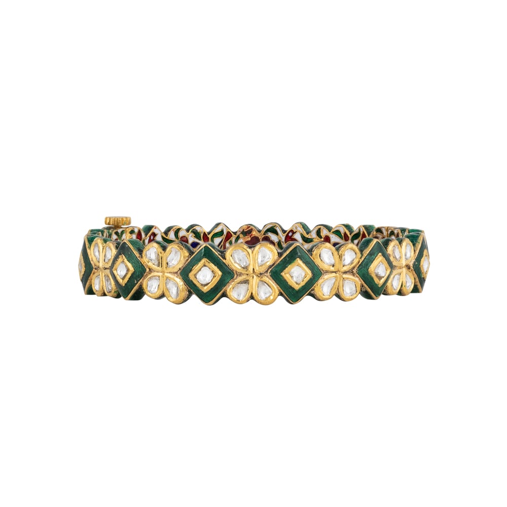 Polki Floral Bangle with Boxy Green Enamel